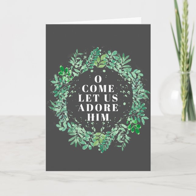 Religious Green and Grey Foliage Wreath Christmas Holiday Card (Front)