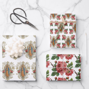 Religious Guadalupe Virgin Mary Floral Roses Wrapping Paper Sheet