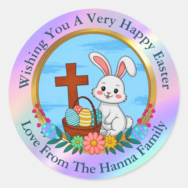 Religious Happy Easter, Bunny with Cross & Egg Classic Round Sticker (Front)