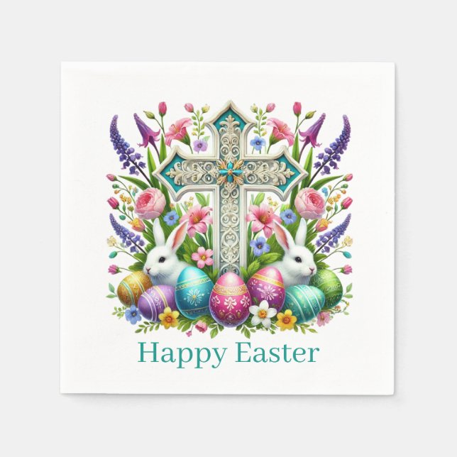 Religious Happy Easter Cross  Napkin (Front)
