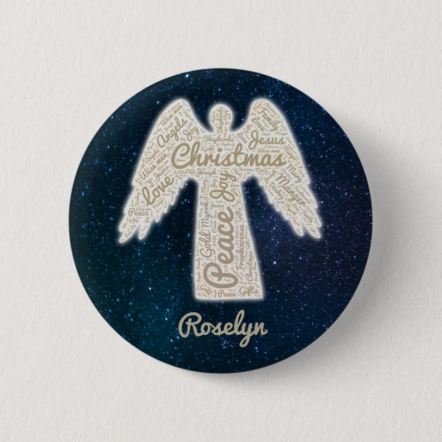 religious holiday gold typography angel 6 cm round badge (Front)
