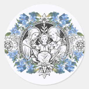 Religious Holy Family Elegant Blue Floral Classic Round Sticker