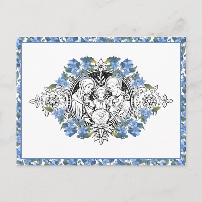 Religious Holy Family Elegant Blue Floral Thank Yo Postcard (Front)