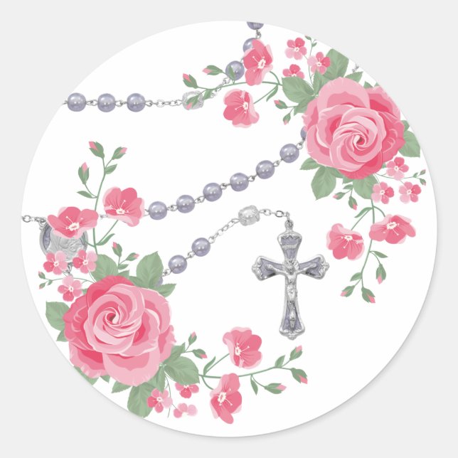 Religious Holy Rosary Pink Roses Floral  Cross Classic Round Sticker (Front)