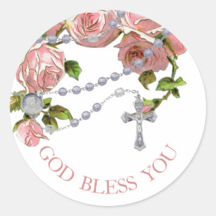 Religious Holy Rosary Pink Roses Floral Cross Classic Round Sticker