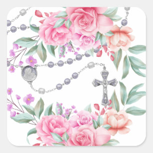 Religious Holy Rosary Pink Roses Floral  Square Sticker