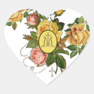 Religious Holy Rosary Yellow Roses Marian Cross Heart Sticker