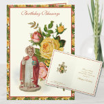 Religious Jesus Infant Prague Red Yellow Roses Card<br><div class="desc">This is a beautiful traditional Catholic  religious image of  Jesus,  the Infant of Prague overlaid on a red and yellow rose bouquet.  A Marian "M" Monogram  is inside with lilies.   All text and fonts may be modified to suit the occasion and recipient.</div>