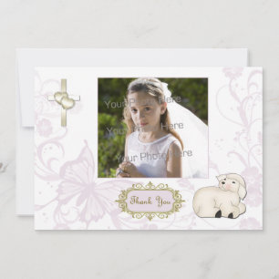 Religious Lamb, Cross, Purple Floral Photo Card