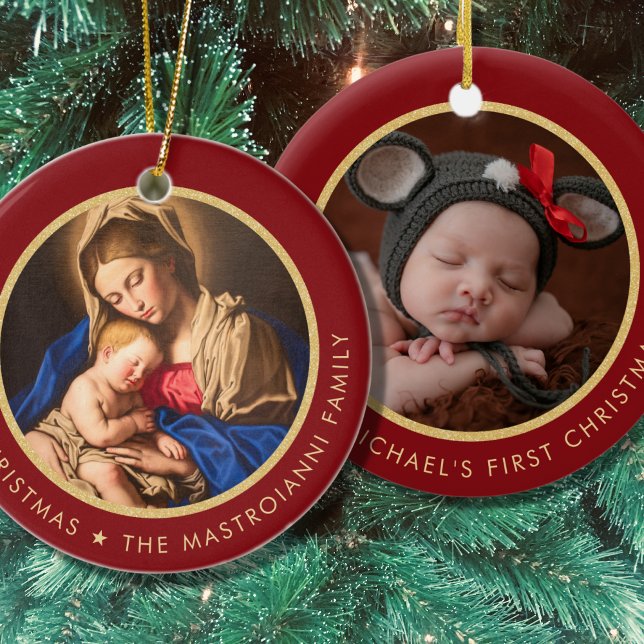 Religious Madonna & Child Baby's 1st Christmas Ceramic Tree Decoration (Catholic Baby's 1st Christmas ornament with Madonna and Child in red and gold)