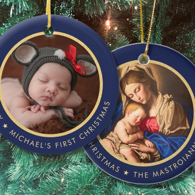 Religious Madonna & Child Baby's 1st Christmas Ceramic Tree Decoration (Religious Baby's 1st Christmas in navy blue and gold with Madonna and Child)