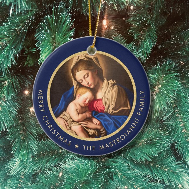 Religious Madonna & Child Catholic Christmas Gift  Ceramic Tree Decoration (Catholic Christmas ornament with Madonna and Child in midnight blue and gold with family name)