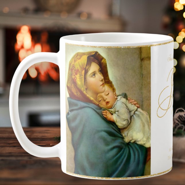 Religious Madonna & Child Catholic Christmas Gift Coffee Mug (Madonna & Child religious Bible Verse Christmas gift for Christians and Catholics in white & gold)