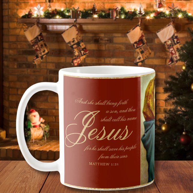 Religious Madonna & Child Catholic Christmas Gift Coffee Mug (Madonna and Child religious Christmas coffee cup with Bible verse in red and gold)