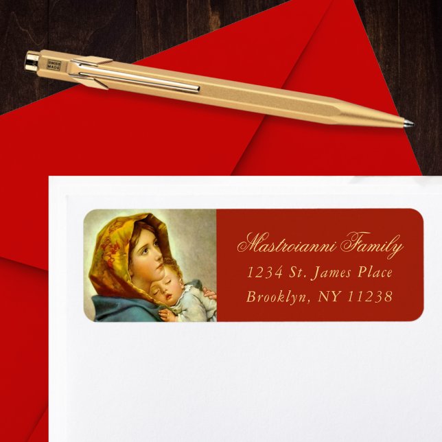 Religious Madonna & Child Christmas Holiday (Madonna & Child religious Christmas card return address label in red and gold for Christians.)
