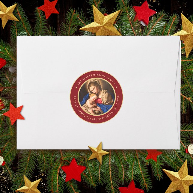 Religious Madonna & Child Christmas Return Address Classic Round Sticker (Red and gold religious Christmas address label with Madonna and Child for Catholics and Christians)