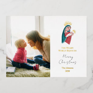 Religious Maria & baby Jesus Christmas Foil Holiday Postcard