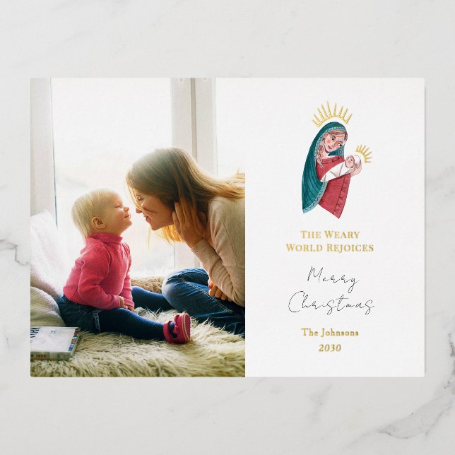 Religious Maria & baby Jesus Christmas Foil Holiday Postcard (Front)