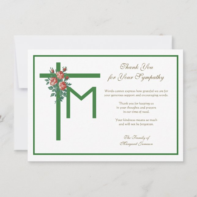 Religious Marian Cross Funeral Roses Condolence  Thank You Card (Front)