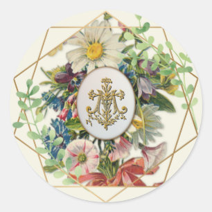 Religious Marian Cross Vintage Floral Catholic Classic Round Sticker