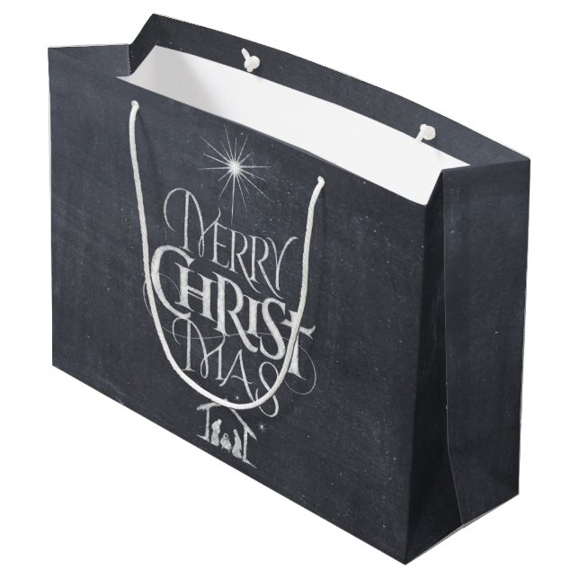 Religious Merry Christmas Chalkboard Chalk Black Large Gift Bag (Back Angled)