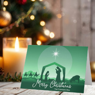 Religious Merry Christmas Green Nativity Scene Holiday Card
