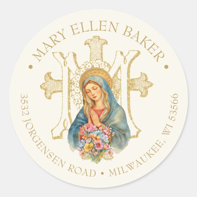 Religious Mother Mary Gold Marian Cross Classic Round Sticker (Front)