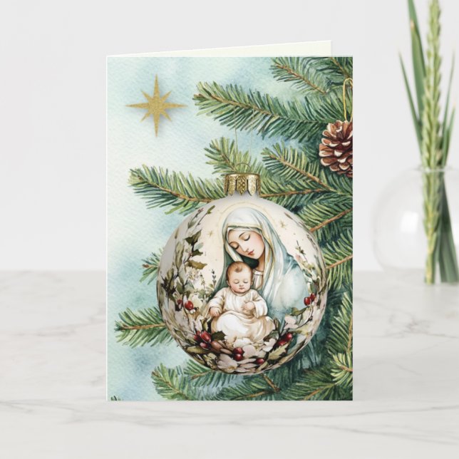 Religious Mother Mary Jesus Watercolor Christmas  Holiday Card (Front)