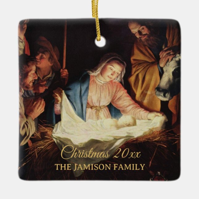 Religious Nativity Family Photo Christmas Gift Ceramic Ornament (Front)