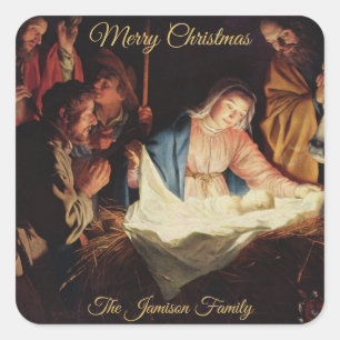 Religious Nativity Gold Calligraphy Christmas Gift Square Sticker