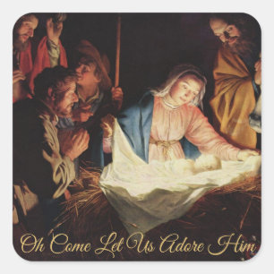 Religious Nativity Gold Script Christmas Card Square Sticker
