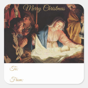 Religious Nativity Gold Script Christmas Gift Square Sticker