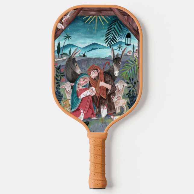 Religious nativity scene blue, red Mary & Jesus Pickleball Paddle (Front)