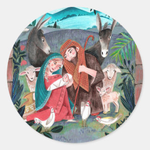 Religious nativity scene blue, red Mary & Joseph Classic Round Sticker
