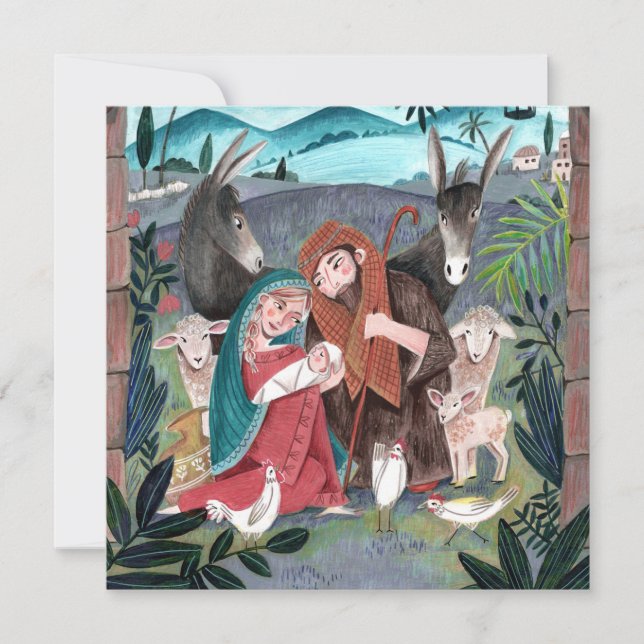 Religious nativity scene blue, red Mary & Joseph Holiday Card (Front)
