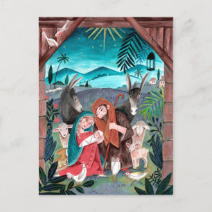 Religious nativity scene blue, red Mary & Joseph Holiday Postcard