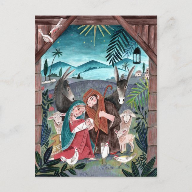 Religious nativity scene blue, red Mary & Joseph Holiday Postcard (Front)
