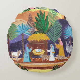 Religious Nativity Scene Glory to God Christmas Round Cushion