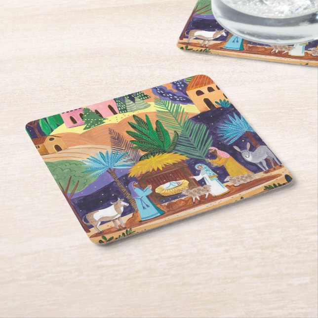 Religious Nativity Scene Glory to God Christmas Square Paper Coaster (Angled)