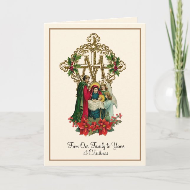Religious Nativity Virgin Mary Jesus Poinsettias Holiday Card (Front)