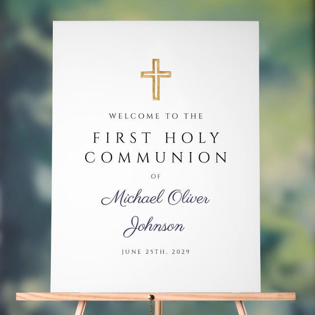 Religious Navy Blue Boy First Communion Welcome Acrylic Sign (Neutral)