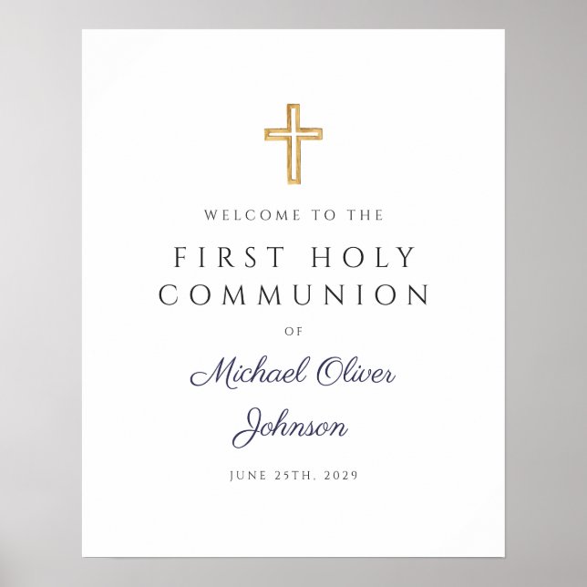 Religious Navy Blue Boy First Communion Welcome  Poster (Front)
