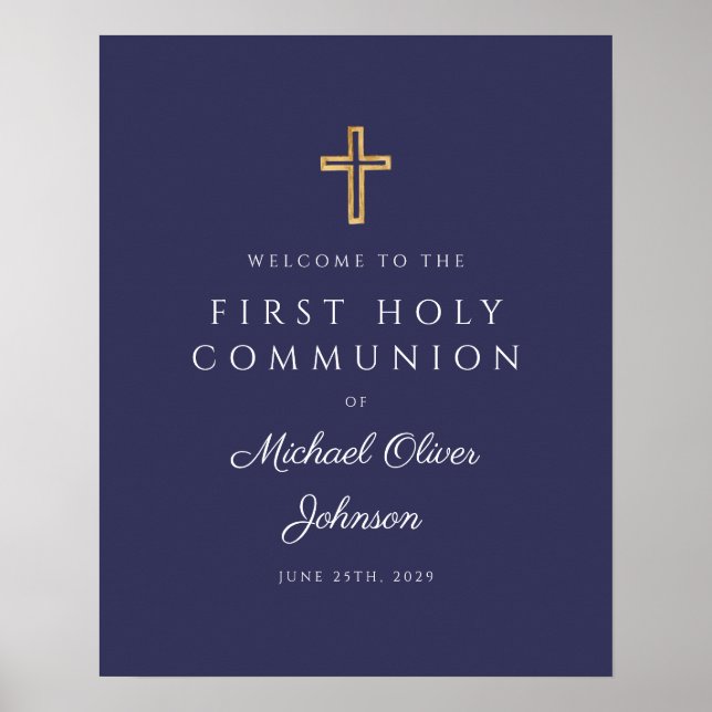 Religious Navy Blue Boy First Communion Welcome  Poster (Front)