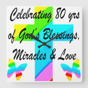 RELIGIOUS PERSONALIZED 80TH BIRTHDAY DESIGN SQUARE WALL CLOCK