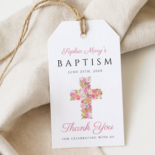 Religious Pink Floral Cross Baptism Thank You Gift Tags