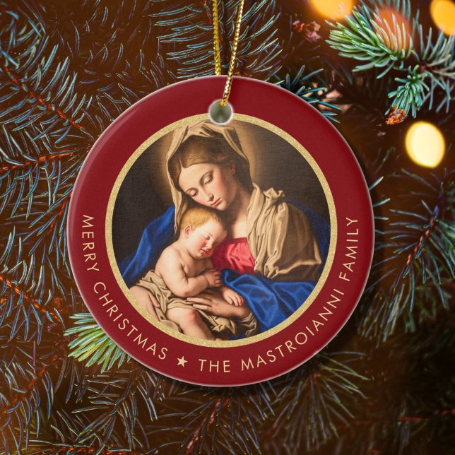 Religious Red & Gold Madonna & Child Christmas Ceramic Tree Decoration (Red and gold religious Christmas ornament with Madonna and Child for Catholics and Christians)