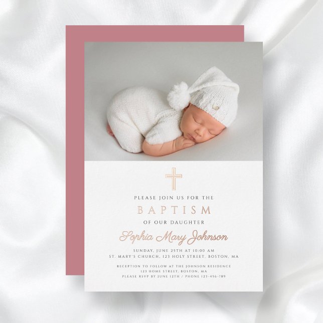 Religious Rose Gold Cross Girl Photo Baptism (Religious Rose Gold Cross Girl Photo Baptism Foil Invitation)
