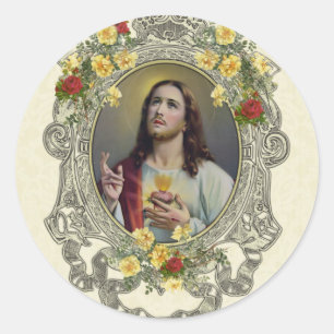 Religious  Sacred Heart Jesus Vintage Roses Classic Round Sticker