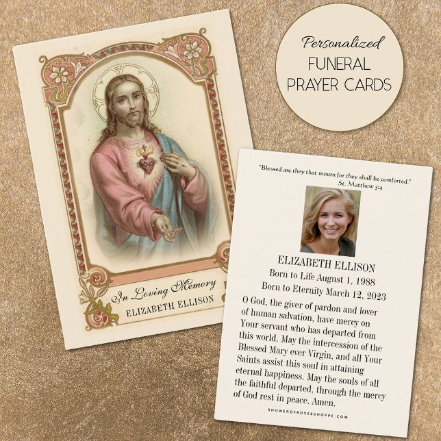 Religious Sacred Heart of Jesus Funeral Prayer (Featuring traditional Catholic Sacred Heart of Jesus personalized funeral prayer cards)