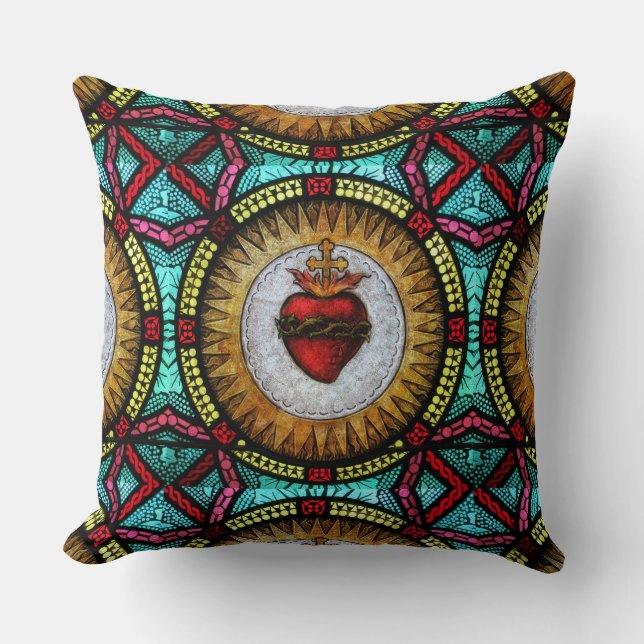 Religious Sacred Heart of Jesus Stained Glass Cushion (Front)
